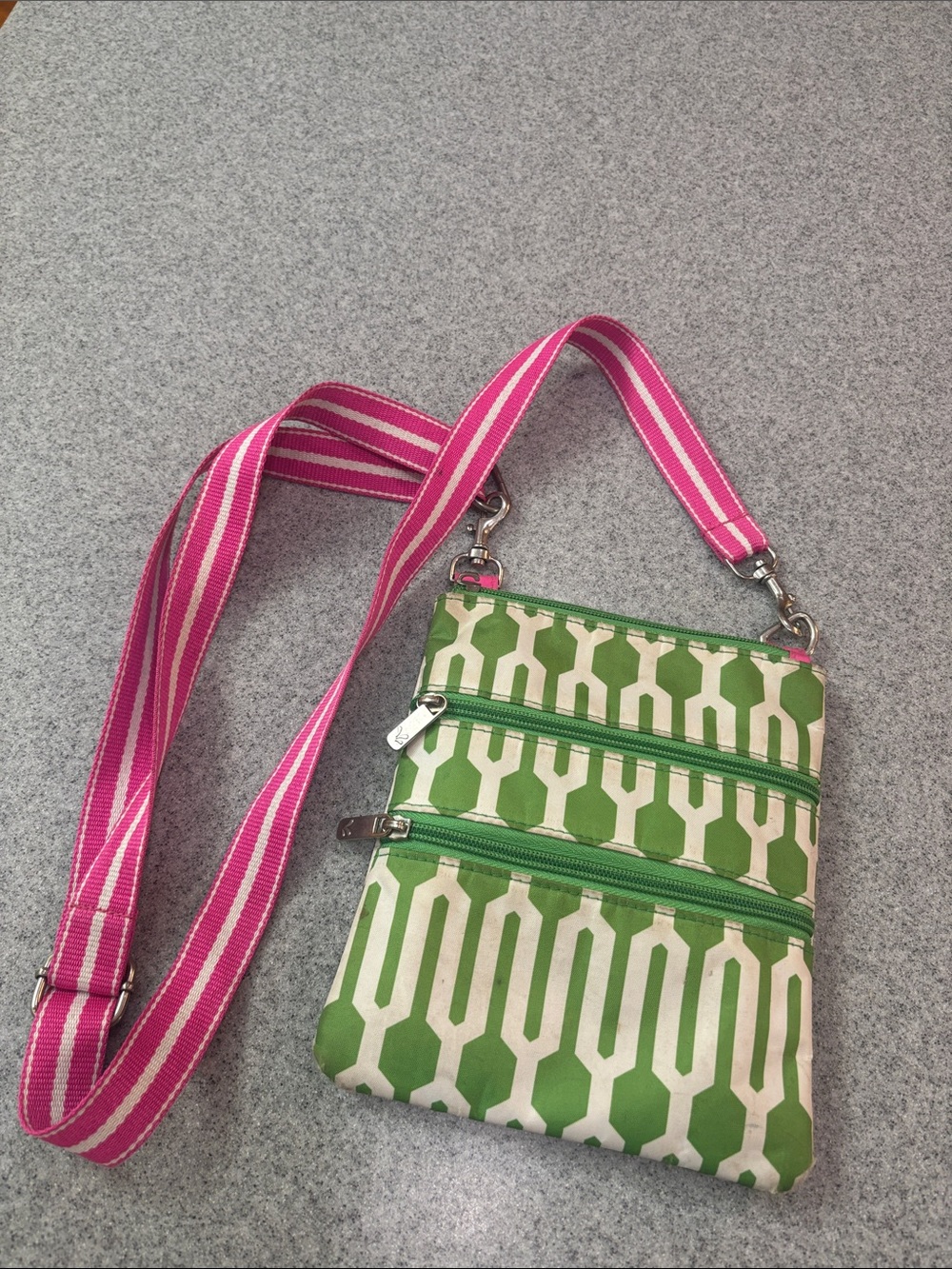 Women’s Green Geo Crossbody Bag with Pink Strap